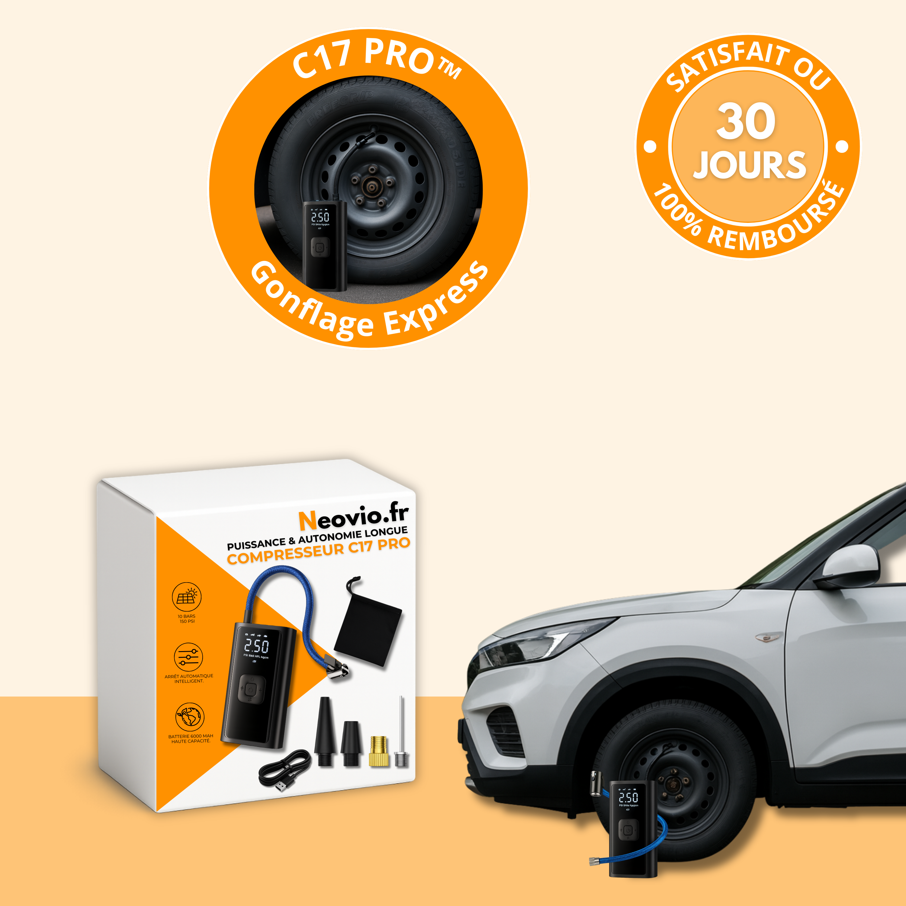 UCAMP Gonfleur Pneus Voiture Sans Fil 150 PSI - Compresseur Portable 4000 MAh, LED, USB-C, 4 Modes Auto-Arrêt, Pour Voiture Moto Vélo Ballons