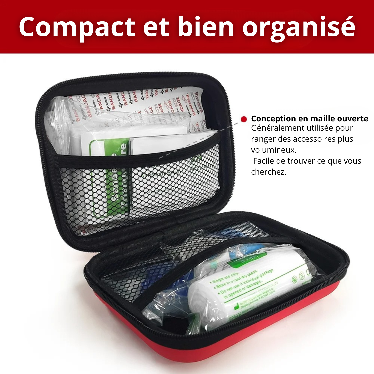 Kit médical d’urgence portable idéal pour la maison, la voiture, le camping ou les voyages.