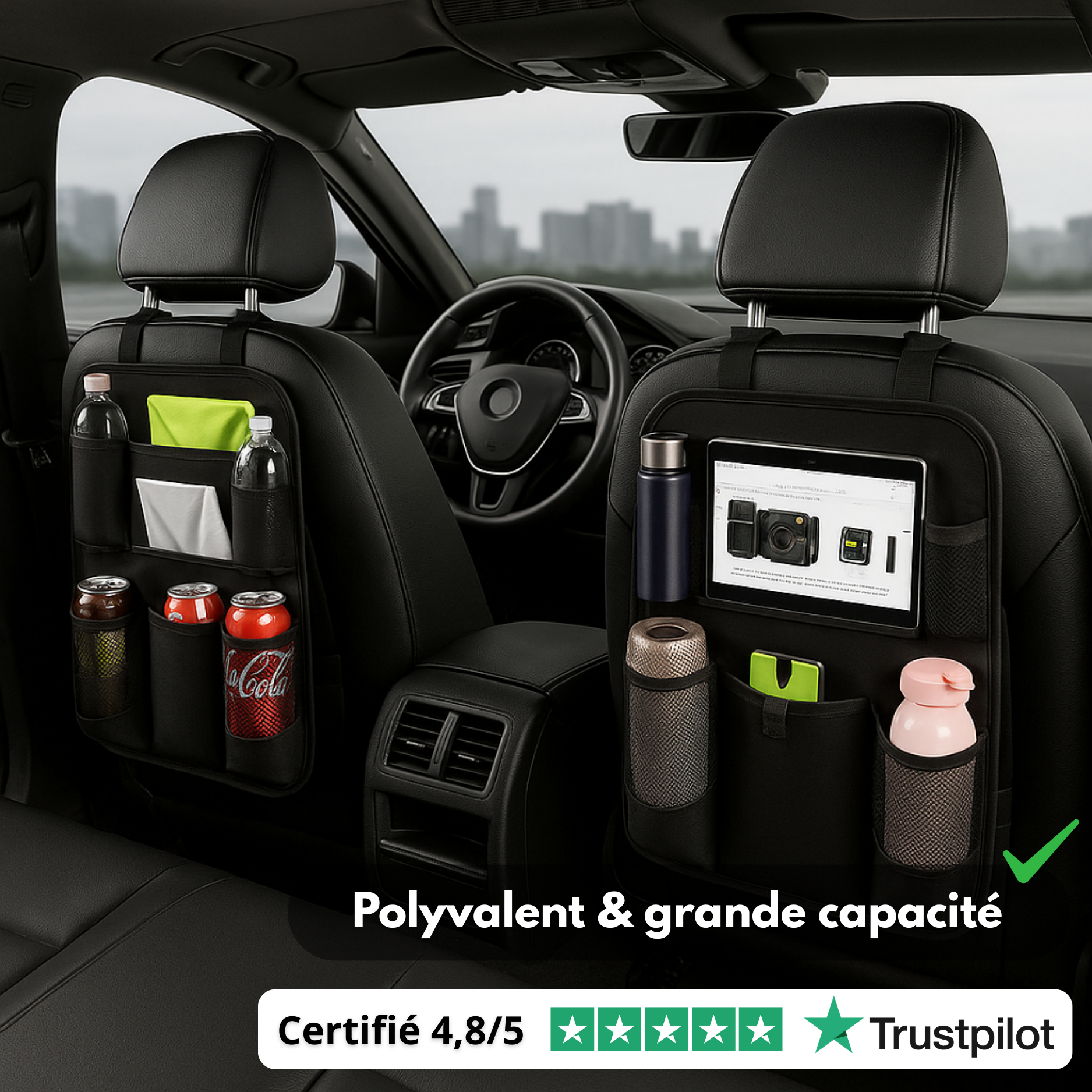 Organisateur de Siège Arrière Voiture (Lot de 2) – Rangement Multi-Poches, Protection Dossier et Repose-Pieds – Noire