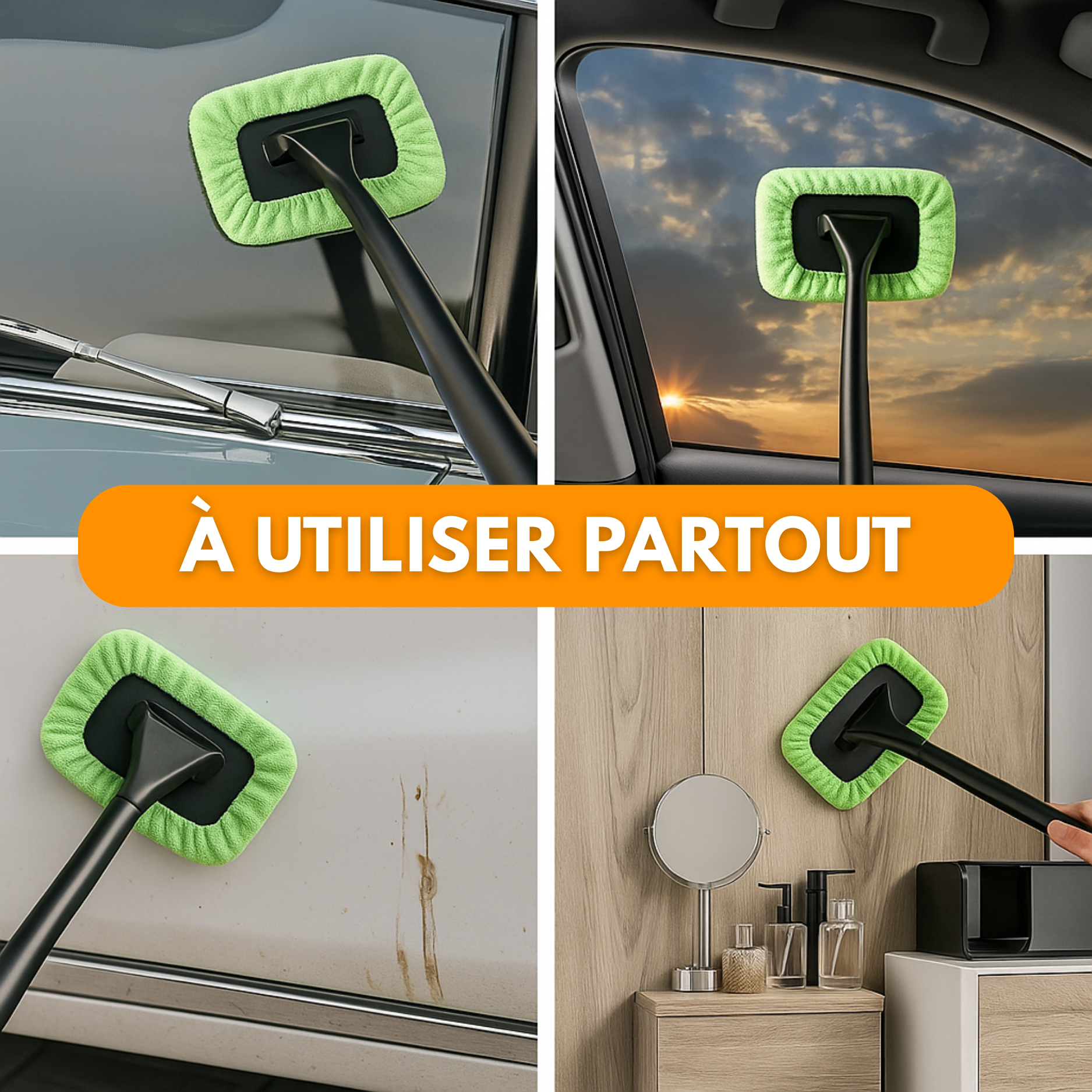 Brosse de nettoyage pour pare-brise – tête microfibre orientable et manche long
