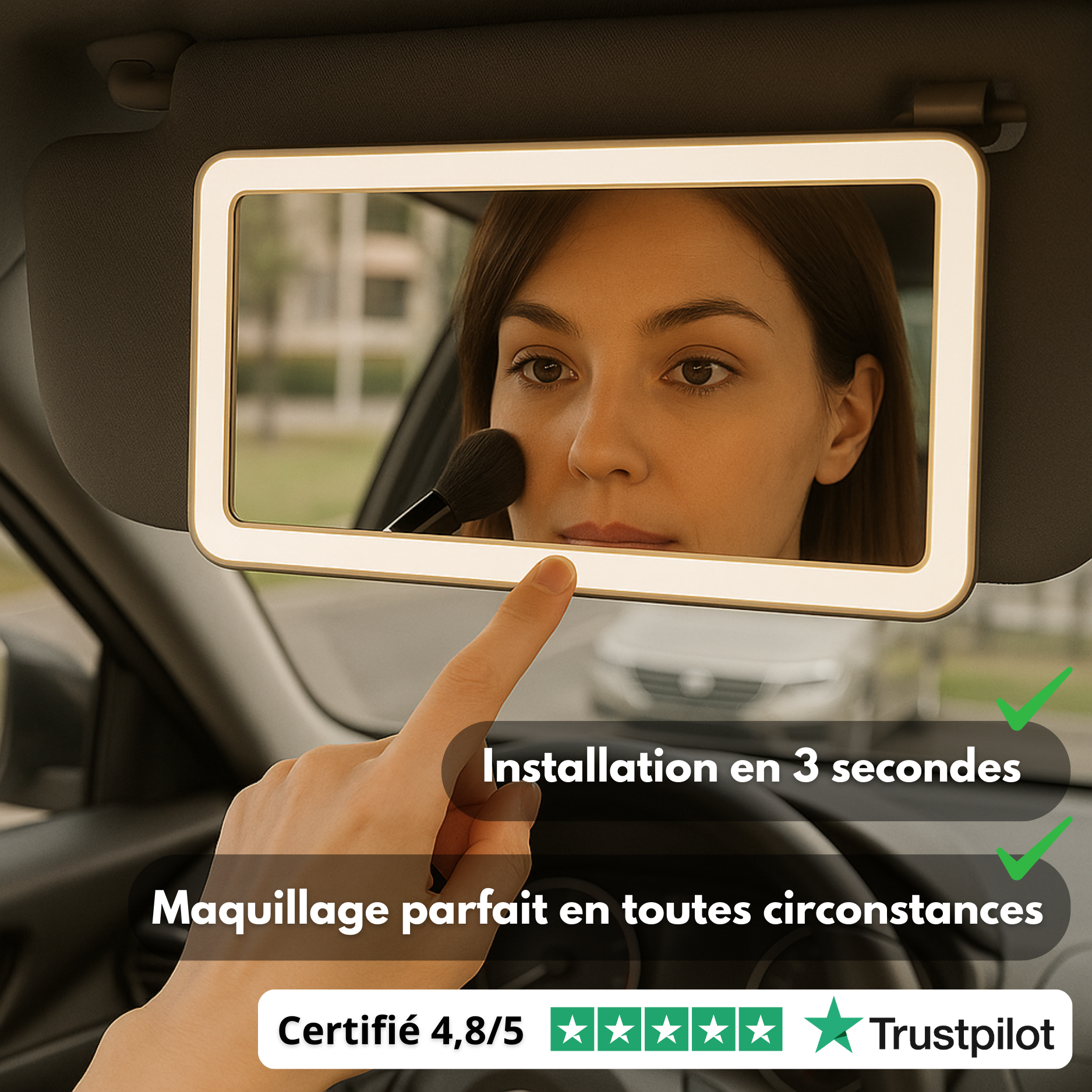 Miroir Maquillage LED Voiture – Lumière Tactile & Rechargeable