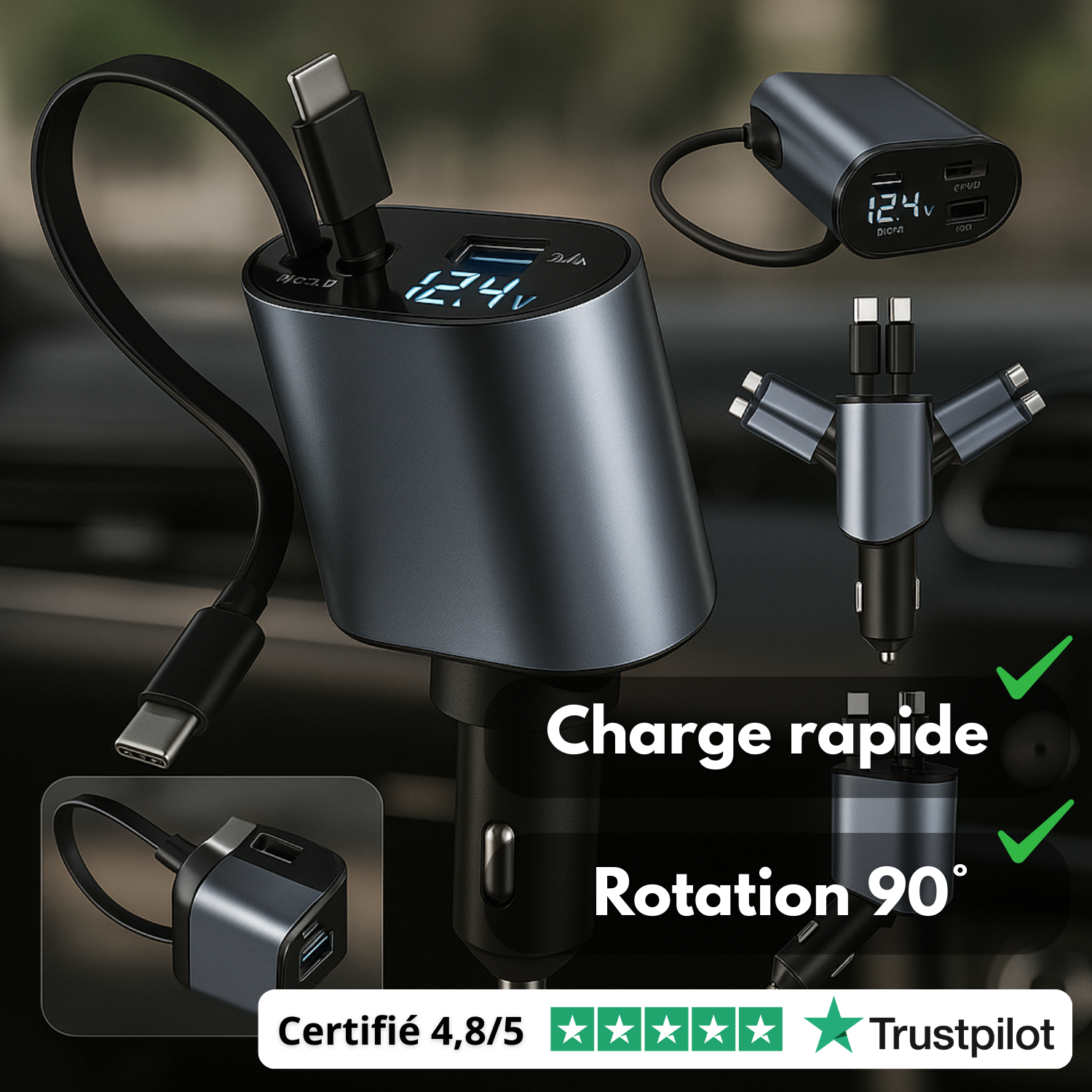 Chargeur Voiture 4-en-1 Rétractable avec Écran LED – Compatible Tous Téléphones Depuis 2010