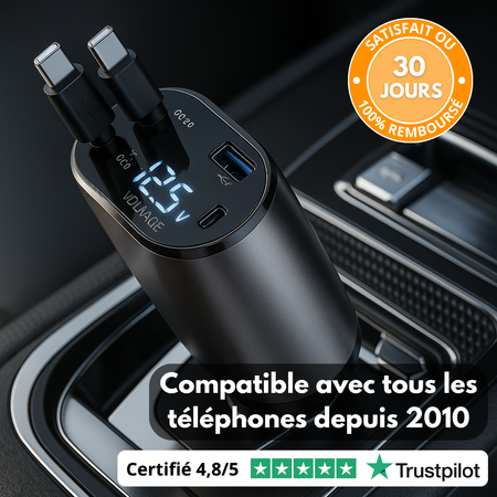 Chargeur Voiture 4-en-1 Rétractable avec Écran LED – Compatible Tous Téléphones Depuis 2010