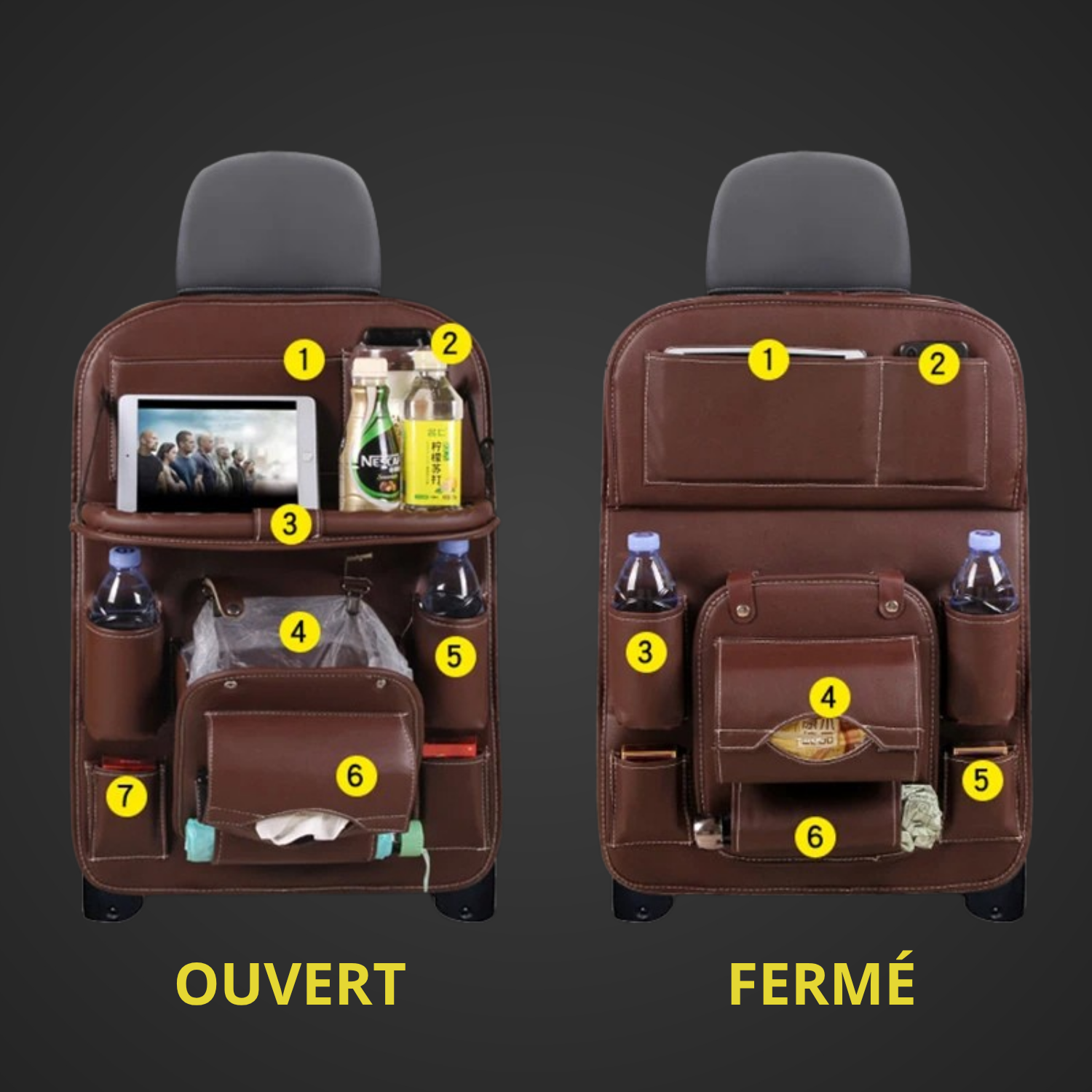 Organisateur de Siège Voiture en Cuir PU avec Table Pliable