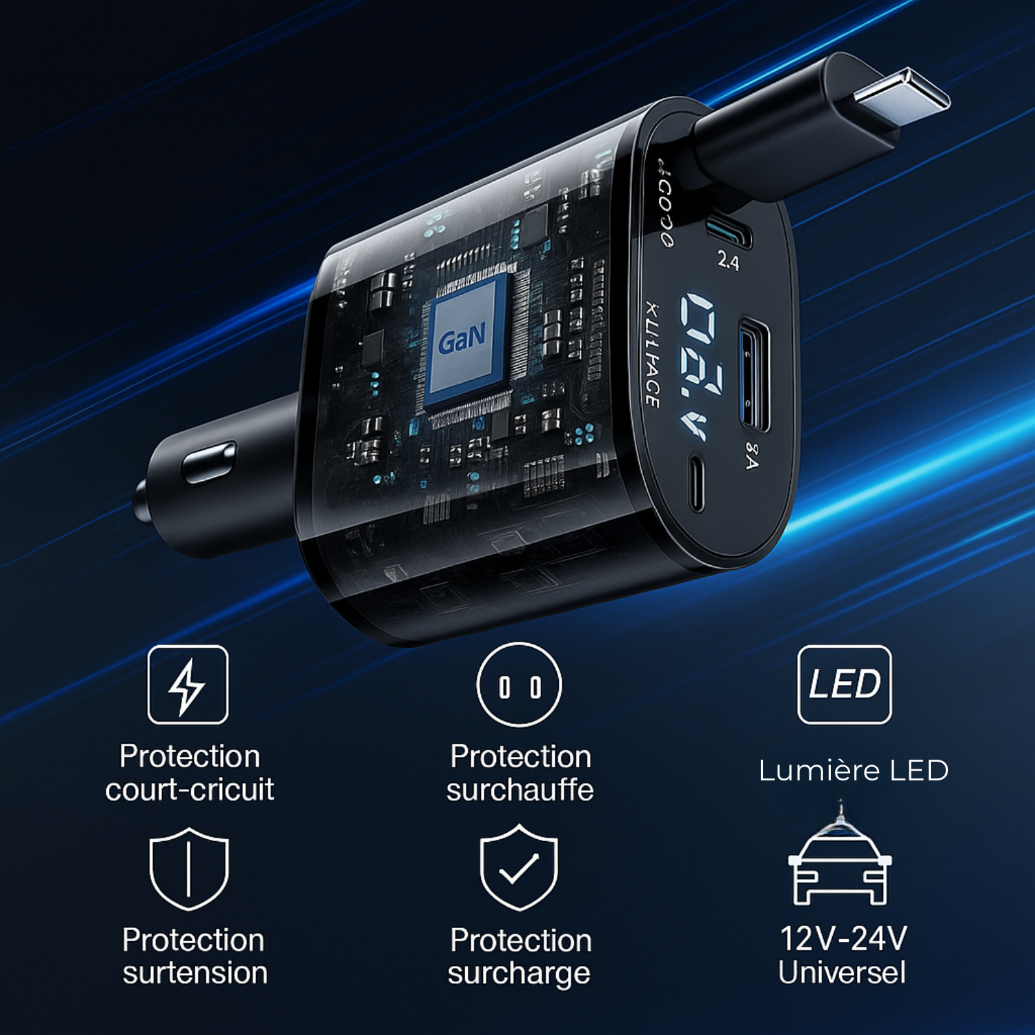 Chargeur Voiture 4-en-1 Rétractable avec Écran LED – Compatible Tous Téléphones Depuis 2010