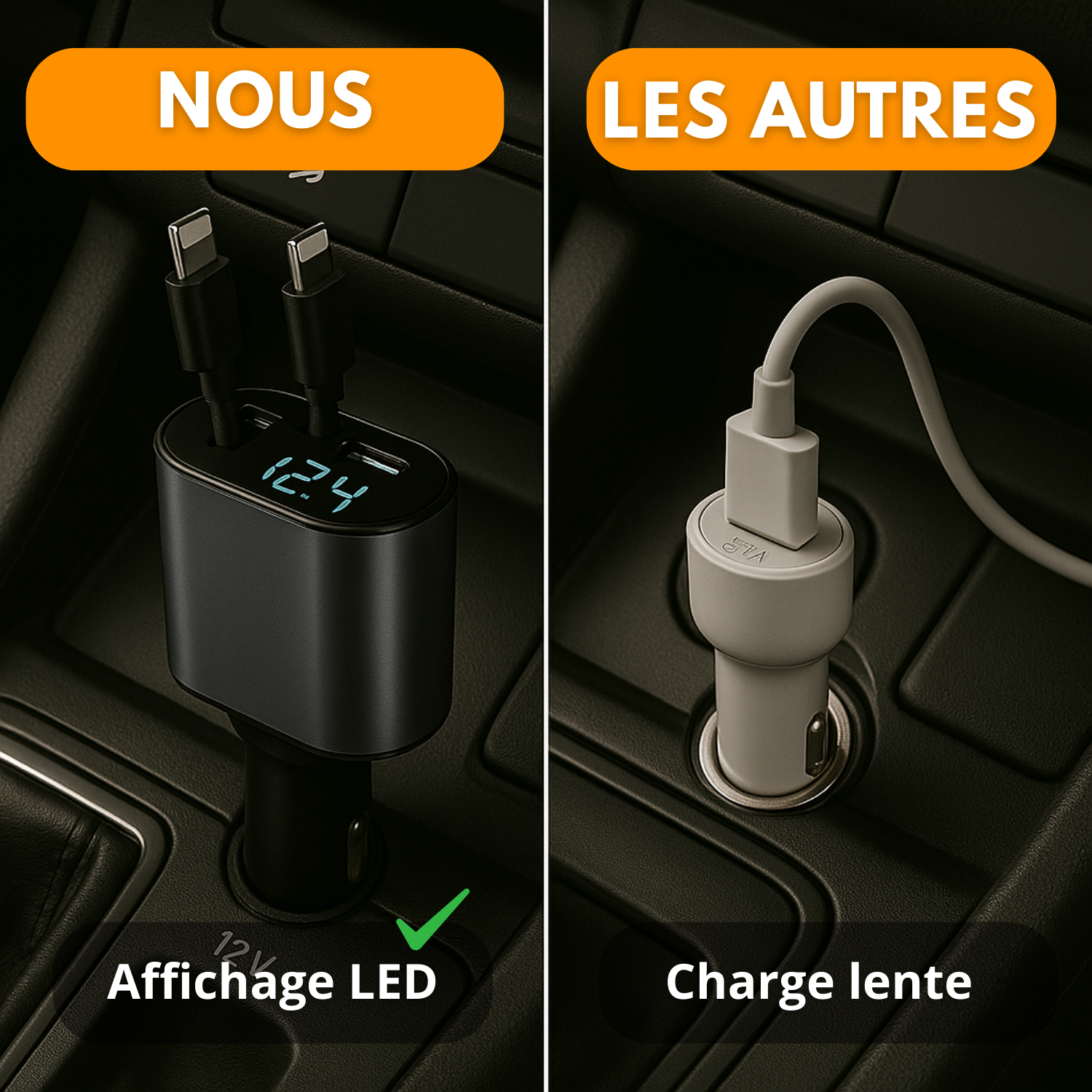 Chargeur Voiture 4-en-1 Rétractable avec Écran LED – Compatible Tous Téléphones Depuis 2010