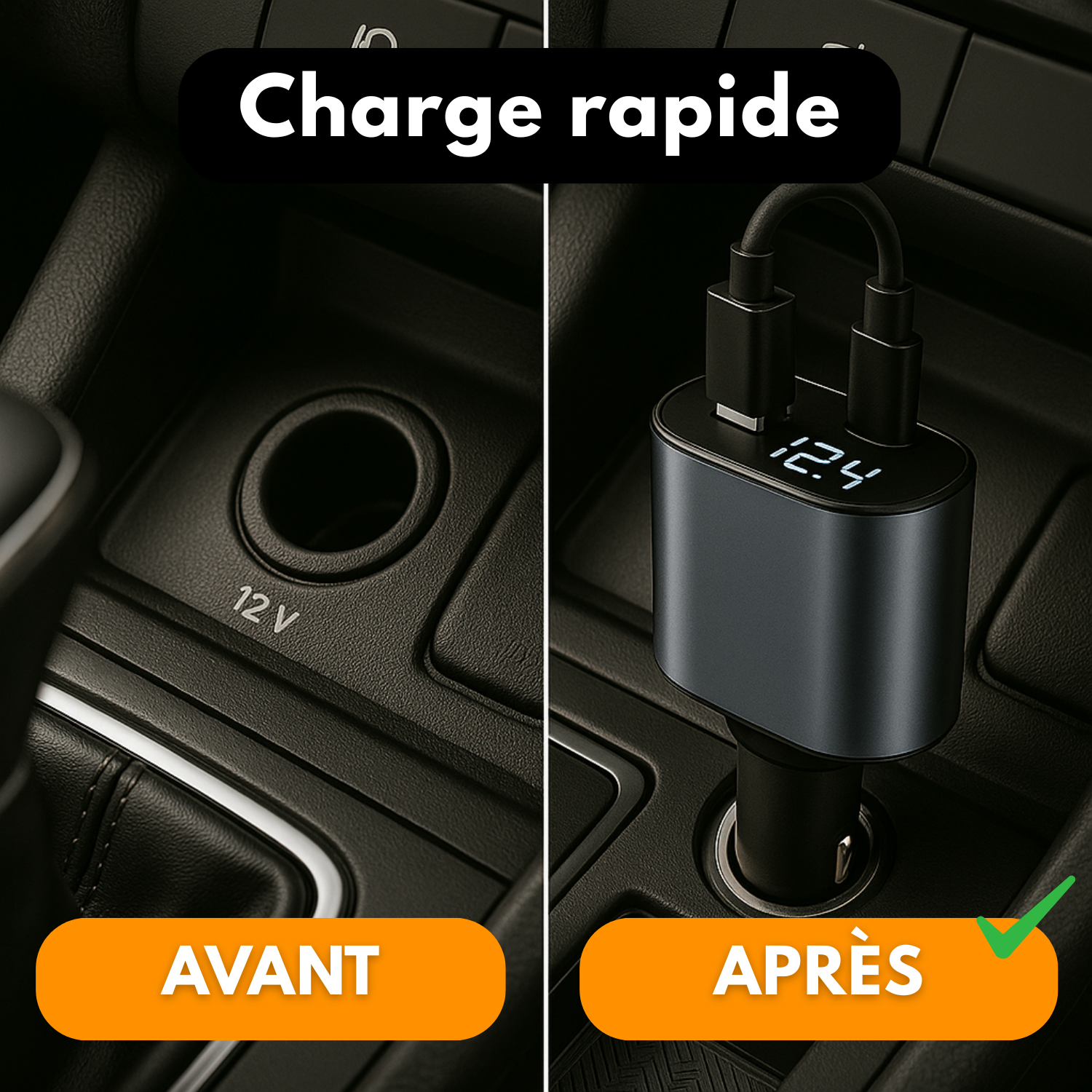 Chargeur Voiture 4-en-1 Rétractable avec Écran LED – Compatible Tous Téléphones Depuis 2010