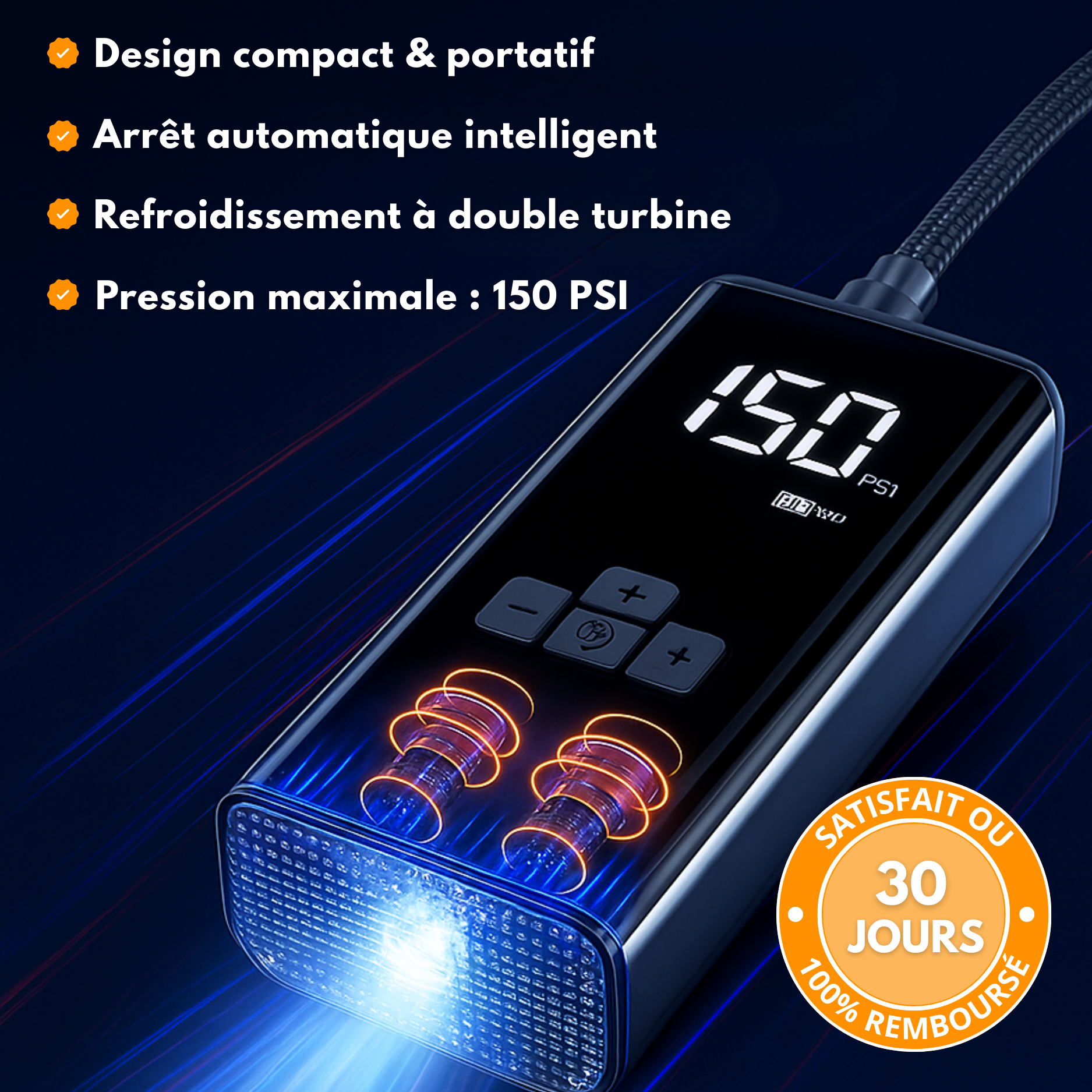 Compresseur d'Air Portable Voiture – Avec Écran LED & Batterie Rechargeable