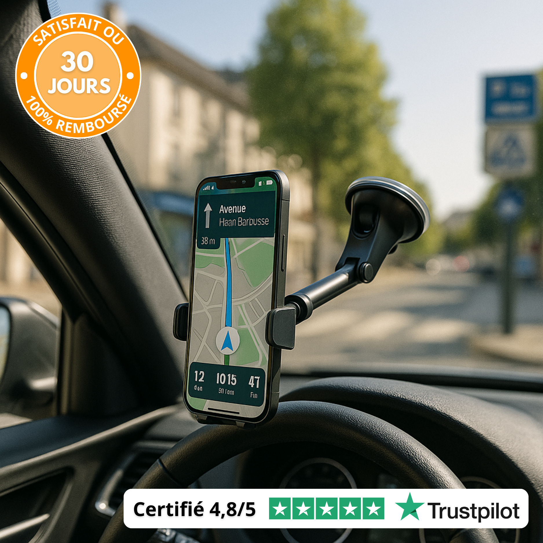 Support téléphone voiture avec ventouse et rotation 360°