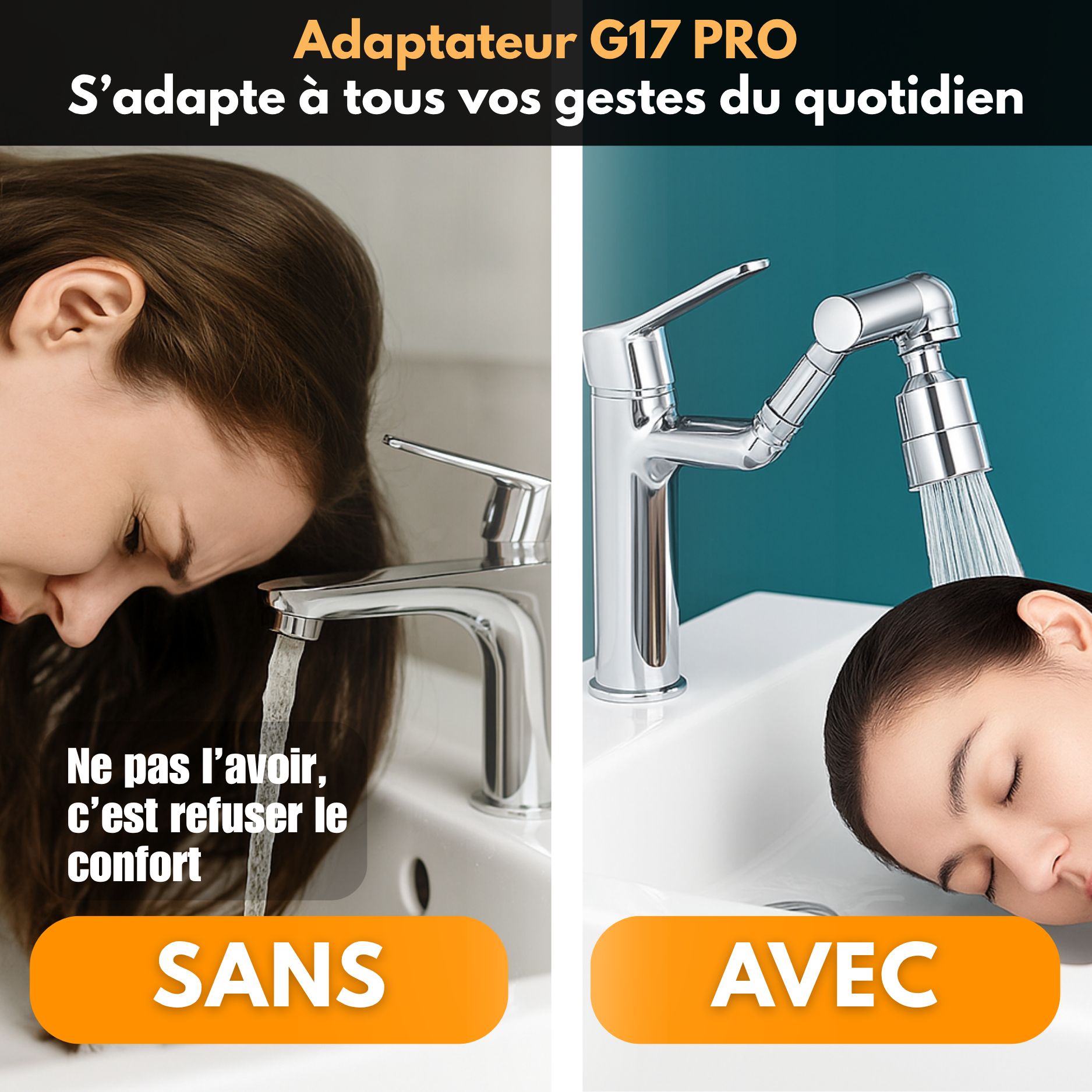 Adaptateur G17 PRO – Extension de robinet rotative 1080° à double jet