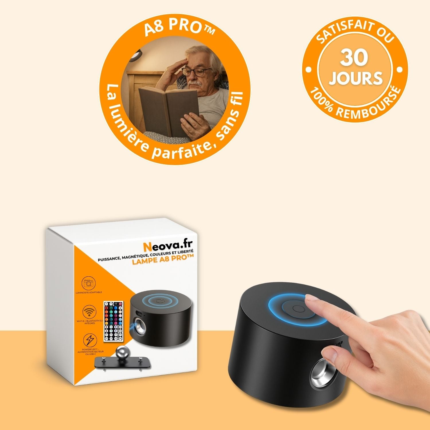 A8 pro – Lampe murale magnétique sans fil à intensité et couleurs réglables