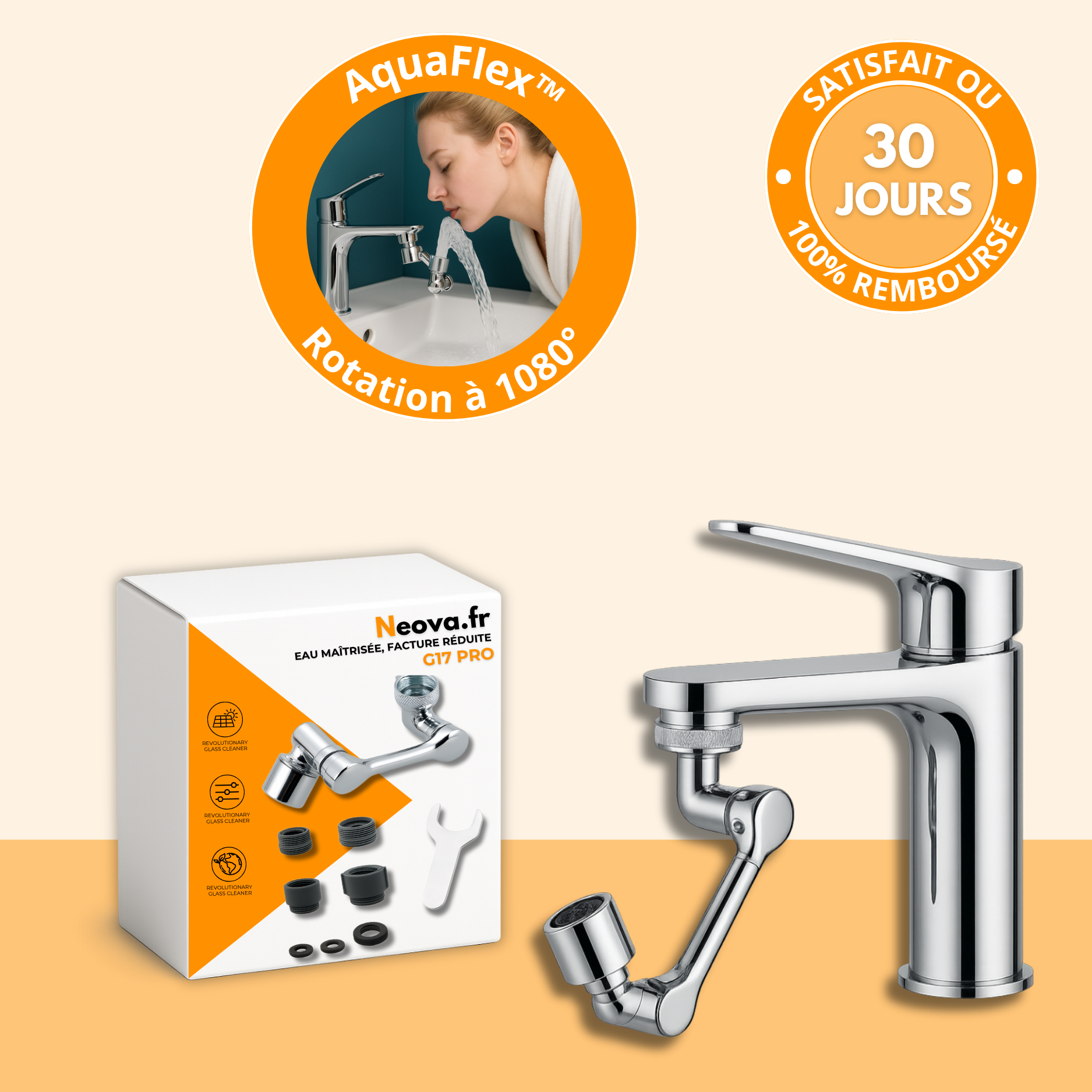 Adaptateur G17 PRO – Extension de robinet rotative 1080° à double jet